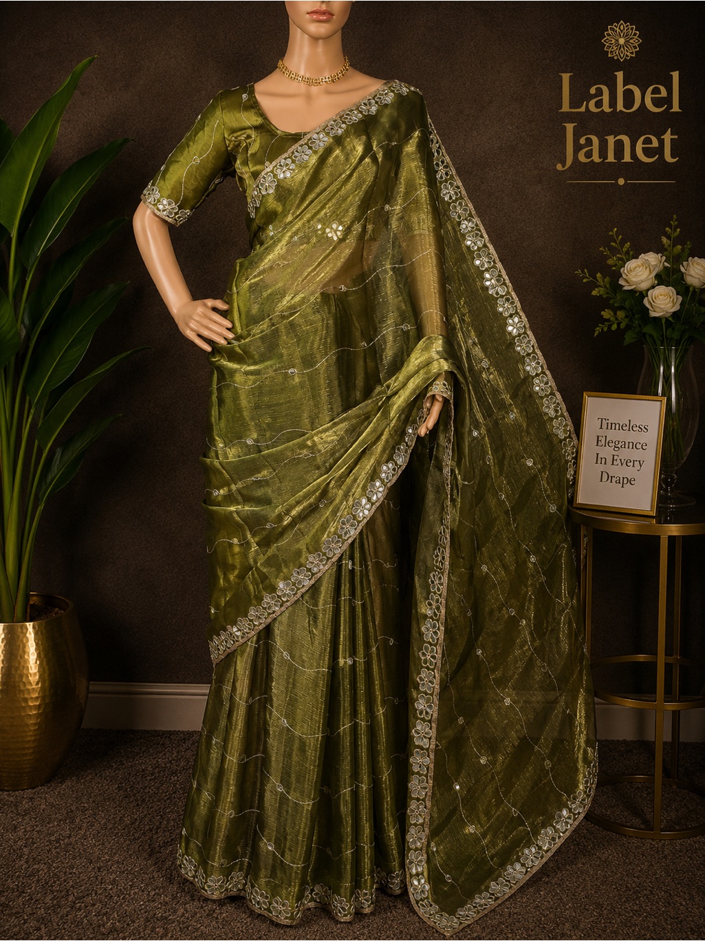 Olive Green Embellished Saree  Stitched Blouse Brand New